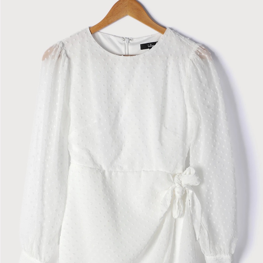 Lulus White Swiss Dot Long Sleeve Tie-Front Mini Dress - Picture 5 of 9